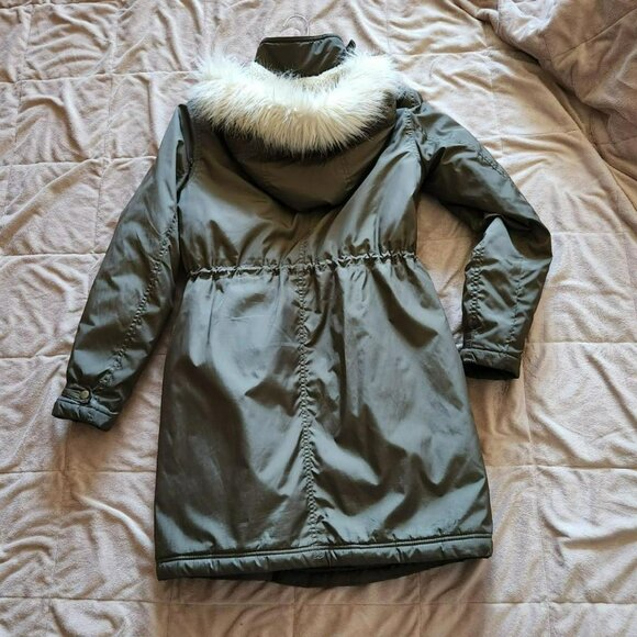 H&M Coat Olive Green Fur Hooded Puffer Parka Jacket Size S Vintage Y2k - Picture 5 of 8
